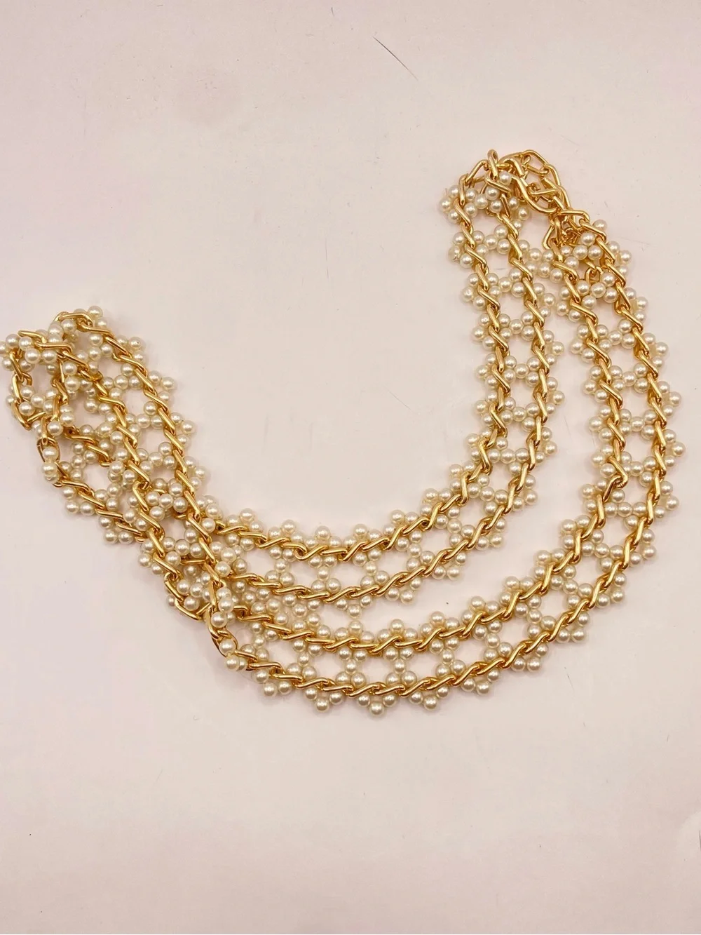 Vintage 1980s Gold Tone Faux Pearl Chain Belt Wide Adjustable Statement Belt